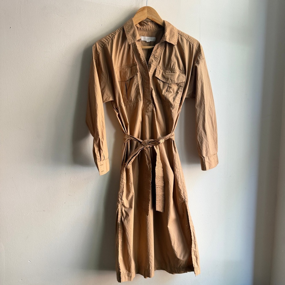 LOFT Utility Shirt Dress Belted Midi Tan Petite Small Excellent